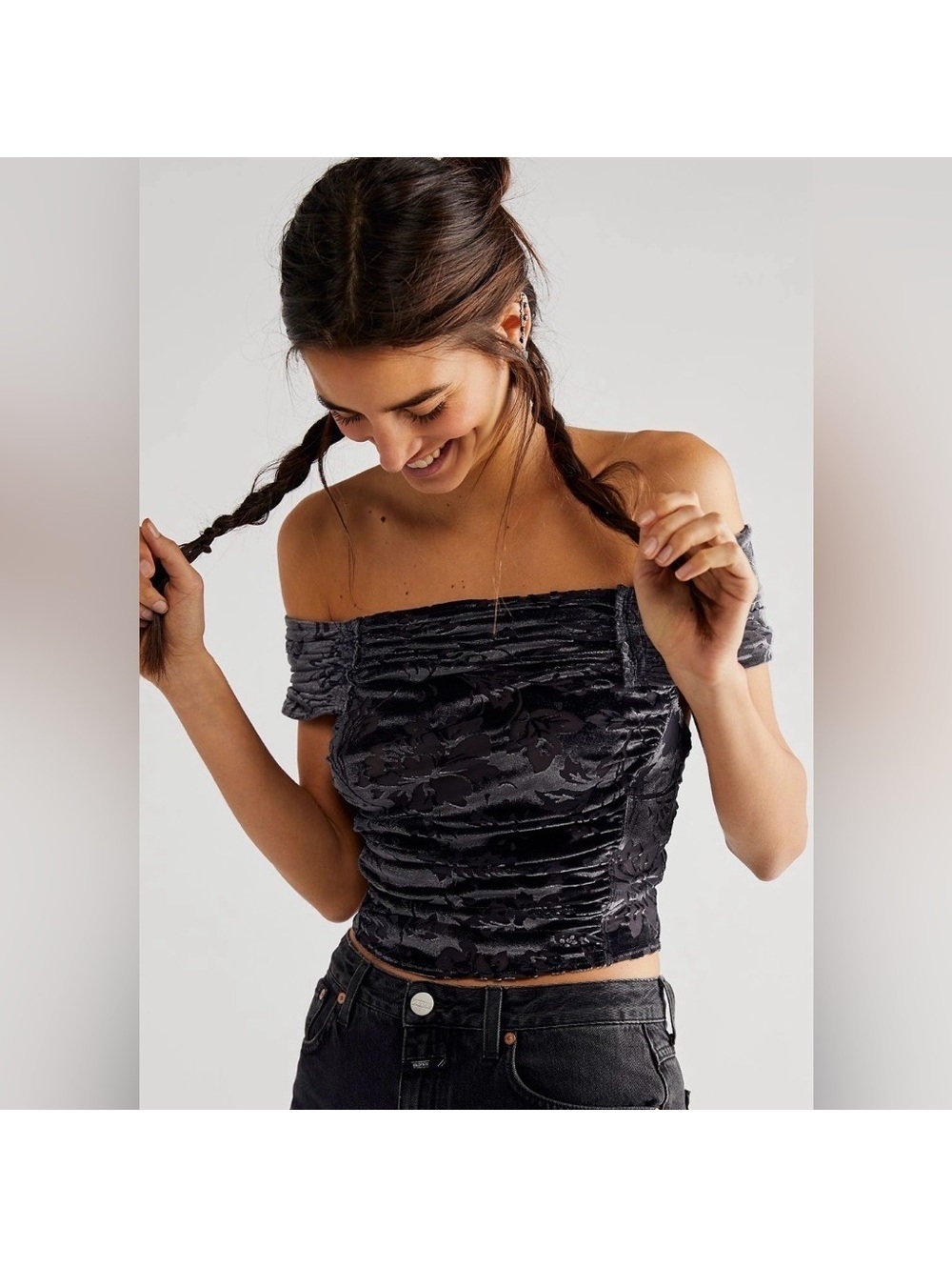 Free People Joni Black Off the Shoulder Whimsical Velour burnout top size medium